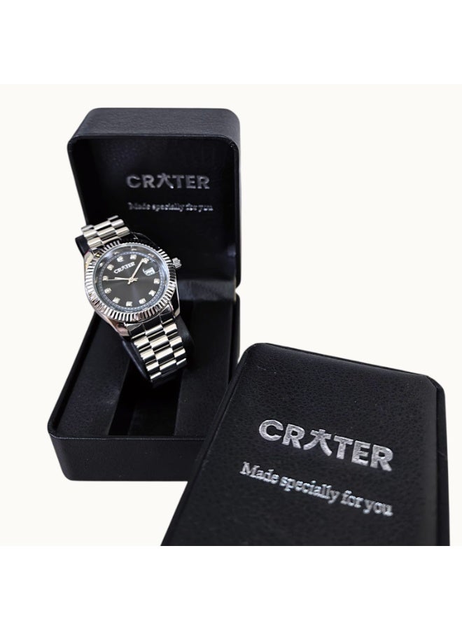 كريتر  ساعة كريتر (CRATER) للرجال – تصميم ملكي فاخر من الستانلس ستيل، مينا كلاسيكي مع عرض التاريخ، مقاومة للماء – تشمل علبة الماركة (فضي /أسود ). - Image 2